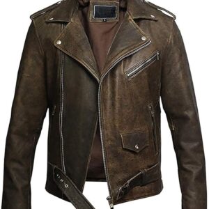 Men Brown Belted Motorcycle Leather Jacket