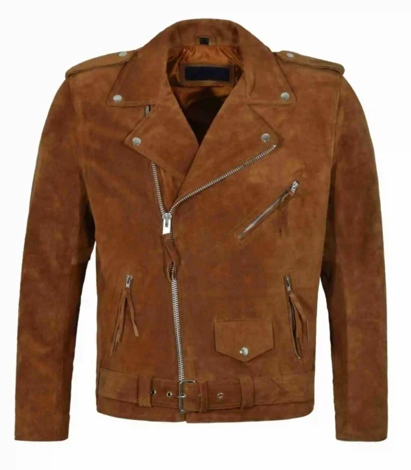 Men Brown Motorcycle Suede Leather Jacket product image from front.