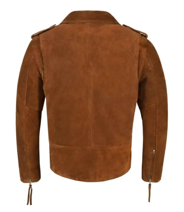 Men Brown Motorcycle Suede Leather Jacket product image from back.