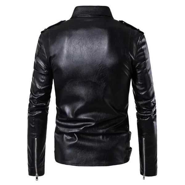 Men Black Belted Faux Leather Jacket product image from back
