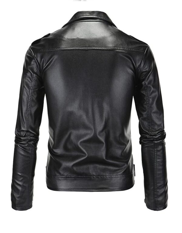 Product Image of Men Black Belted Faux Leather Jacket from back view