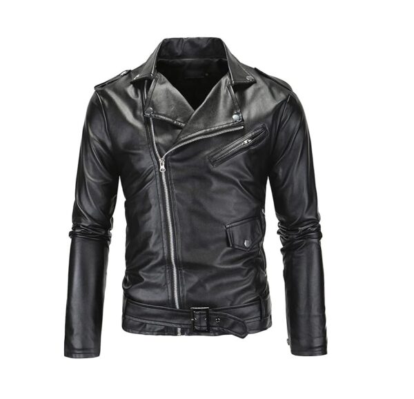 Product Image of Men Black Belted Faux Leather Jacket from front view