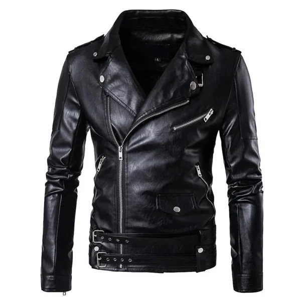 Men Black Belted Faux Leather Jacket product image from front