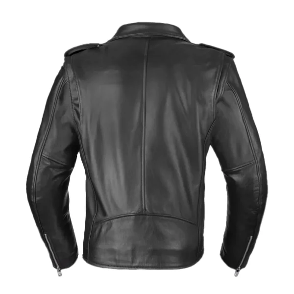 Men Black Belted Leather Motorcycle Jacket product image from back