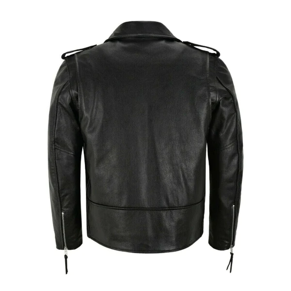 Men Black Belted Motorcycle Leather Jacket product image from back