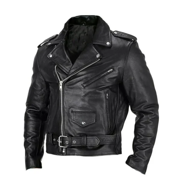 Men Black Belted Leather Motorcycle Jacket product image from front