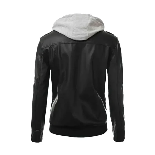 Men Black Biker Hood Leather Jacket product image from back