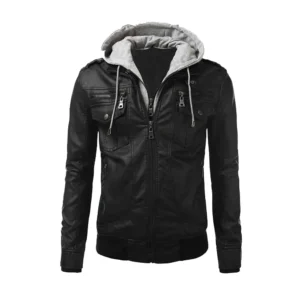 Men Black Biker Hood Leather Jacket