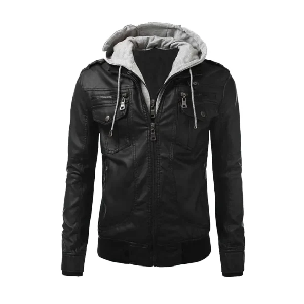 Men Black Biker Hood Leather Jacket product image from front