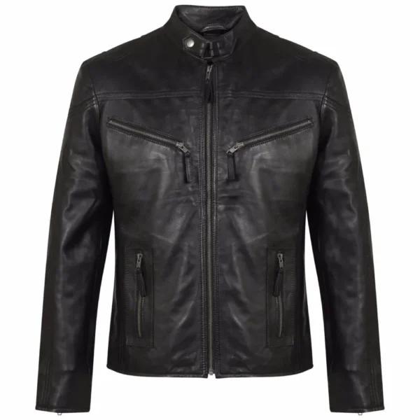 Men Black Biker Leather Jacket product image from front