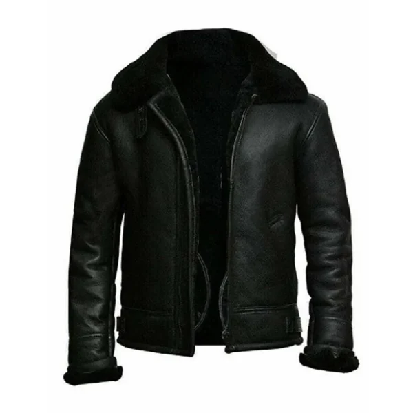 Men Black Biker Shearling Leather Jacket product image from front