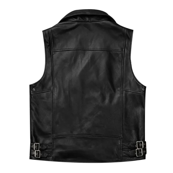 Men Black Biker Zipper Leather Vest product image from back