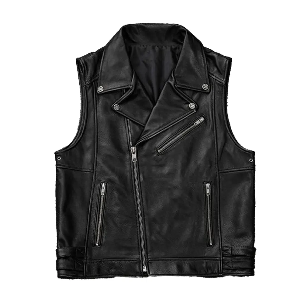 Men Black Biker Zipper Leather Vest product image from front