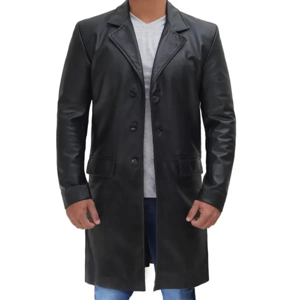 Men Black Cowhide Leather Coat product image from front
