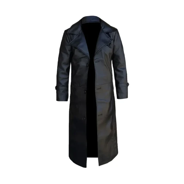 Men Black Leather Duster Trench Coat product image from front
