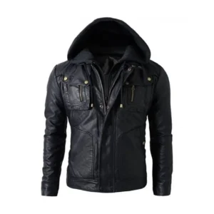 Men Black Motorcycle Hooded Leather Jacket