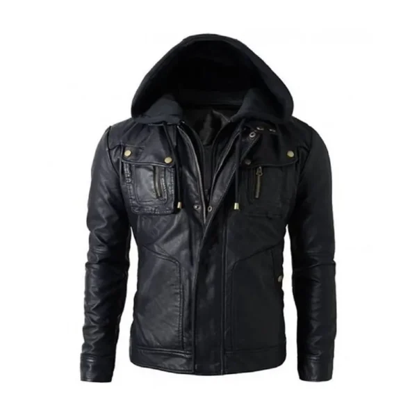 Men Black Motorcycle Hooded Leather Jacket product image from front