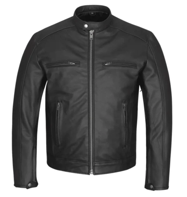 Men Black Motorcycle Leather Jacket product image from front.