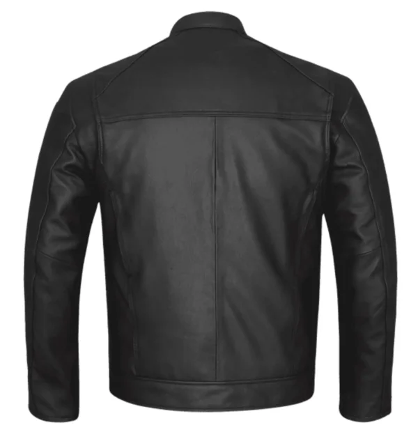 Men Black Motorcycle Leather Jacket product image from back.