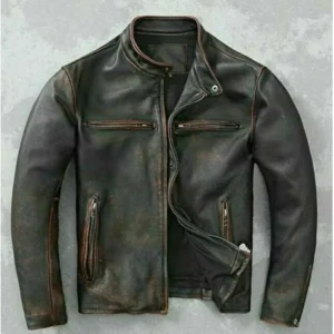 Men Black Motorcycle Vintage Cafe Racer Leather Jacket