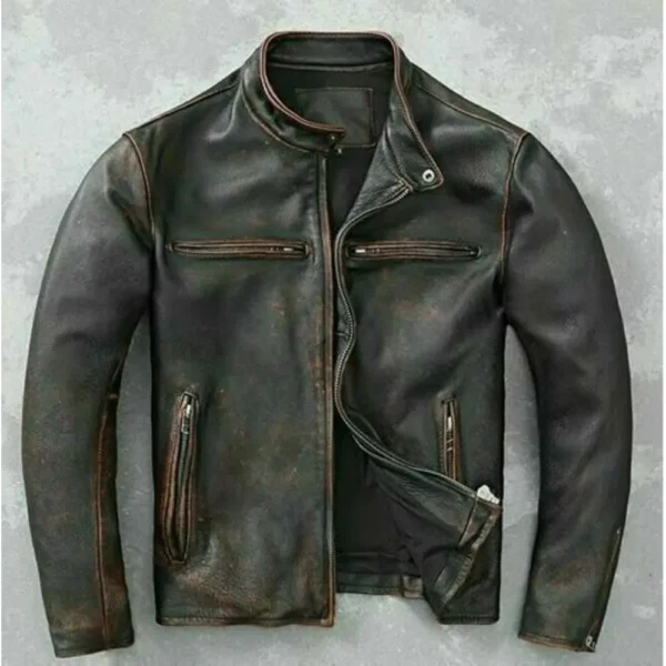 Men Black Motorcycle Vintage Cafe Racer Leather Jacket product image from front