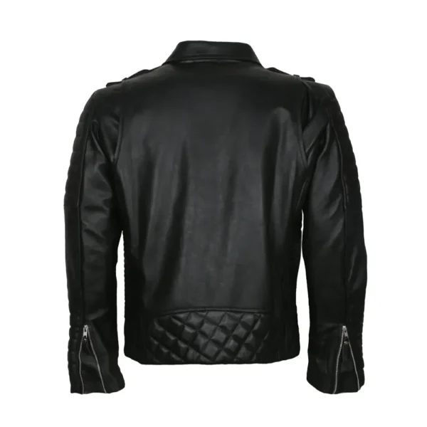 Men Black Padded Biker Cowhide Leather Jacket product image from back