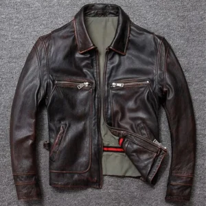 Men Black Vintage Cowhide Leather Jacket