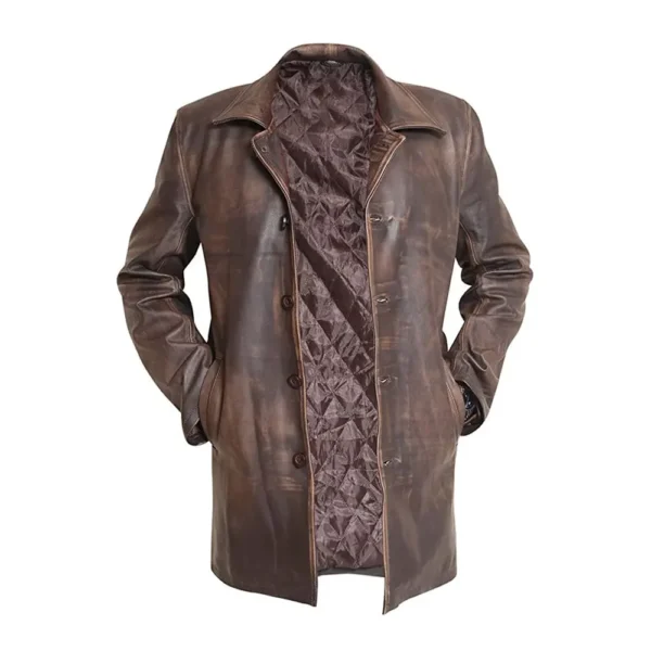 Men Brown Distressed Cowhide Leather Coat product image from front