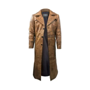 Men Brown Distressed Leather Duster Trench Coat