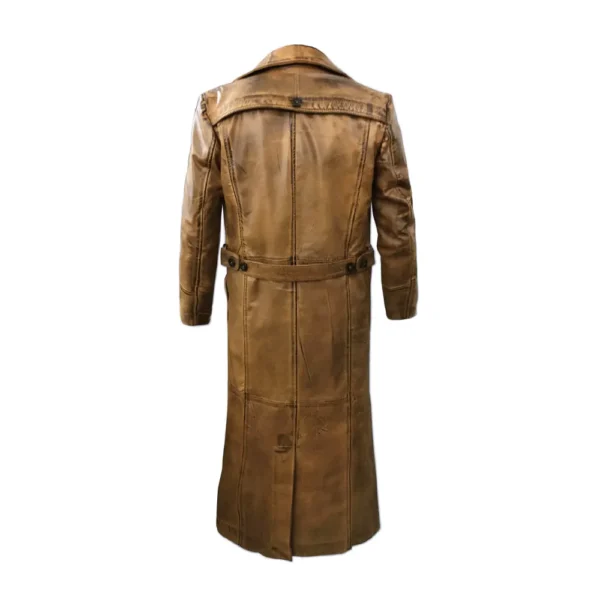 Men Brown Distressed Leather Duster Trench Coat product image from back