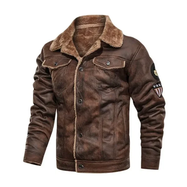 Men Brown Fur Collar Vintage Leather Jacket product image from front
