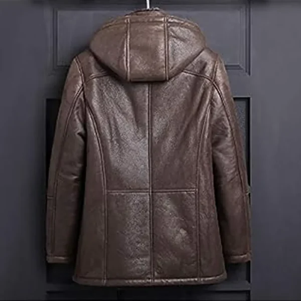 Men Brown Fur Shearling Hooded Leather Coat product image from back