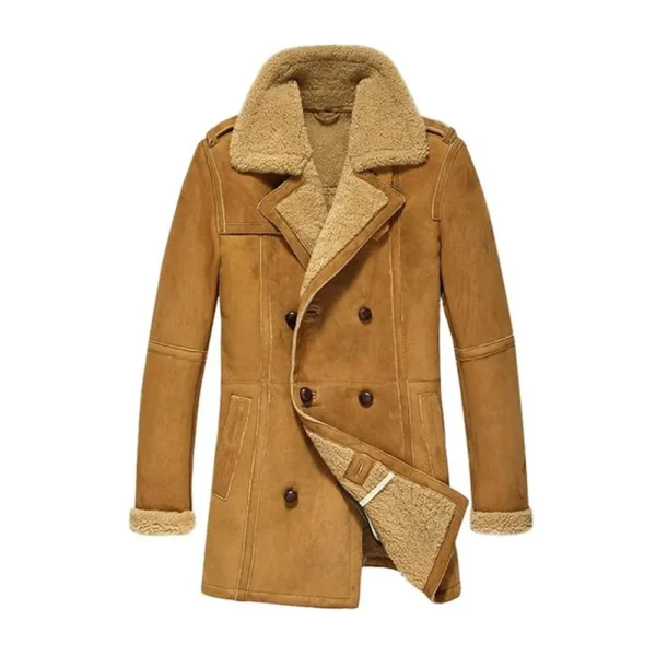 Men Brown Shearling Sheepskin Leather Pea Coat product image from front