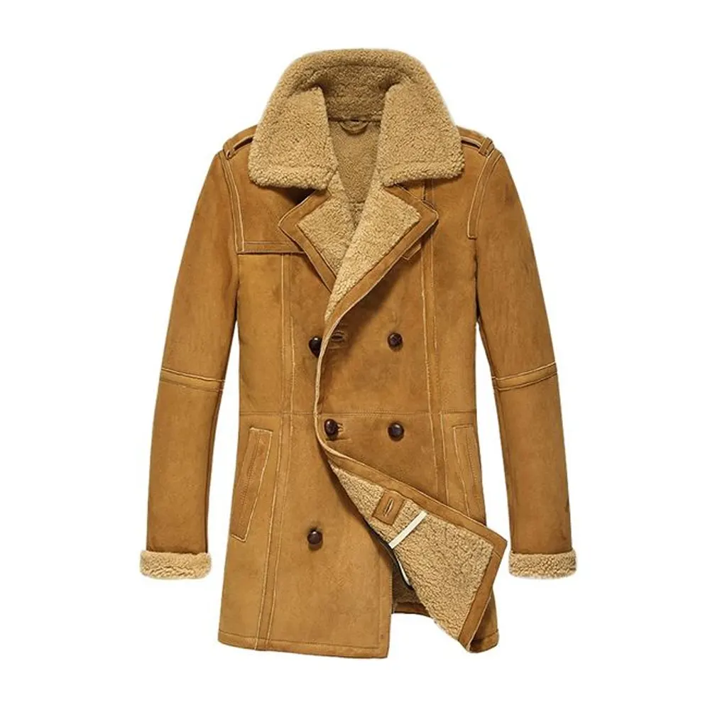 Men Brown Shearling Sheepskin Leather Pea Coat