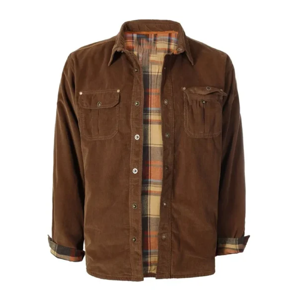 Men Brown Soft Corduroy Leather Shirt Jacket product image from front