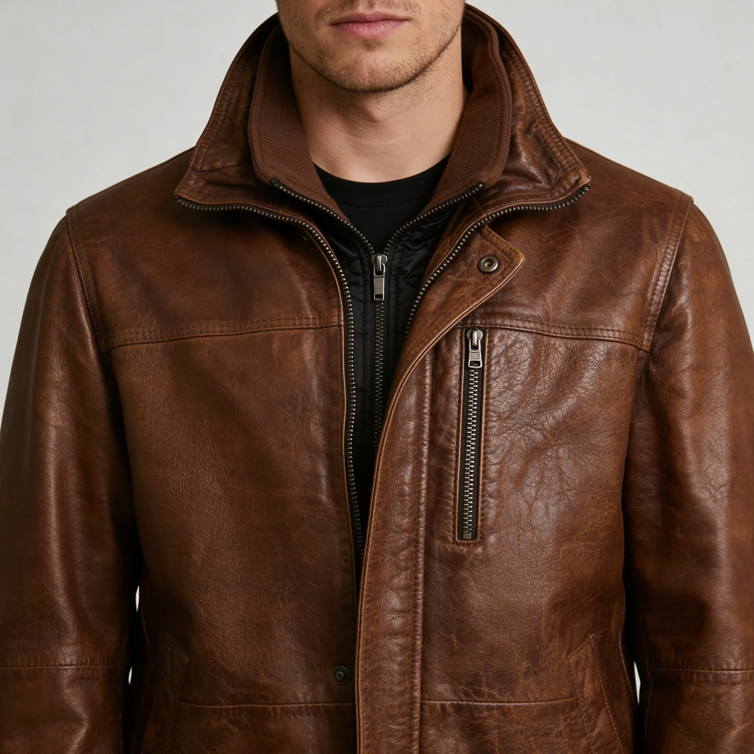 Mens-Brown-Vintage-Leather-Jacket-closeup