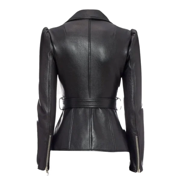 Women Black Belted Biker Leather Jacket product image from back