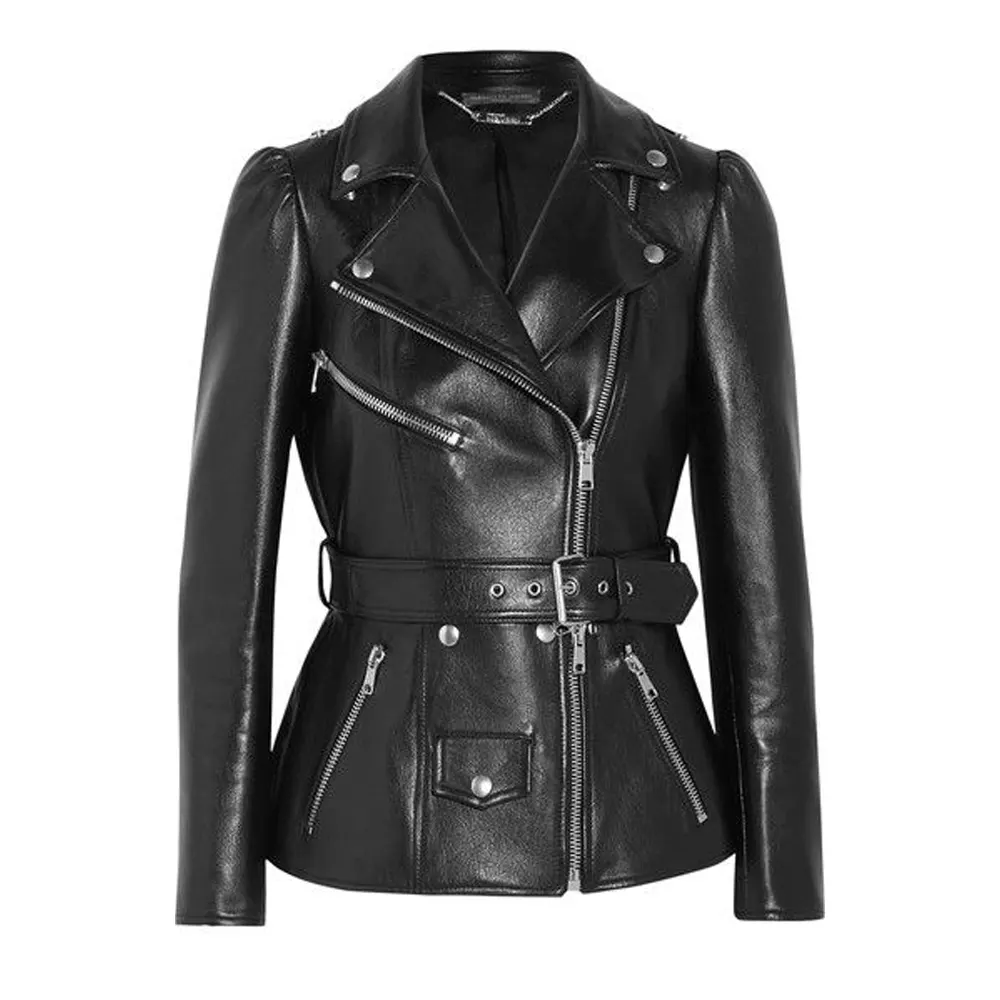 Women Black Belted Biker Leather Jacket product image from front