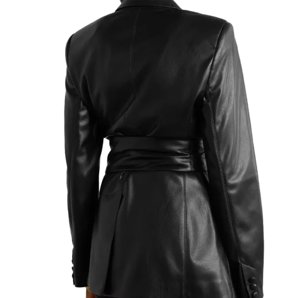 Women Black Belted Leather Blazer Jacket product image from back