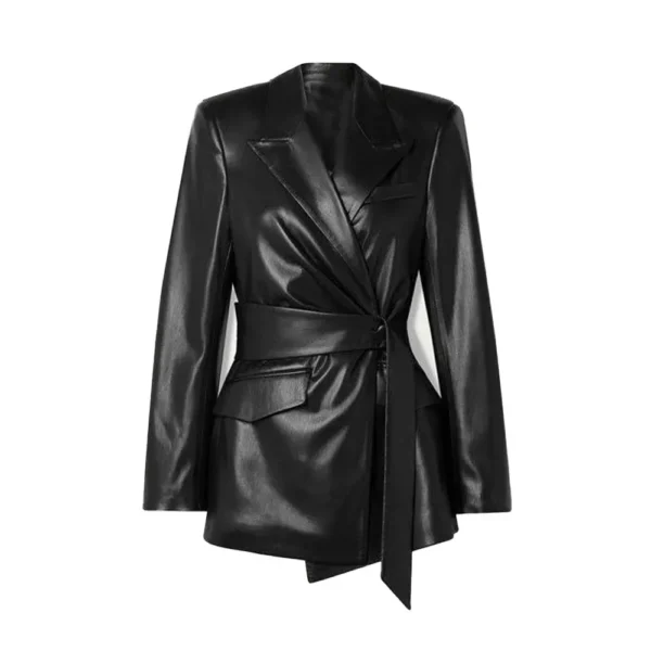Women Black Belted Leather Blazer Jacket product image from front