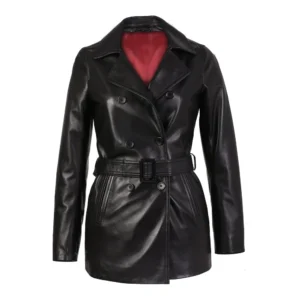 Women Black Belted Leather Coat