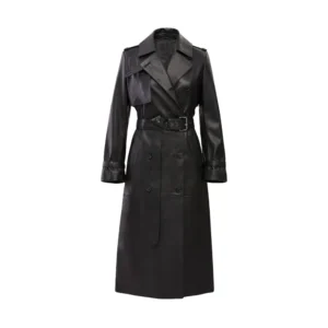 Women Black Belted Leather Long Coat