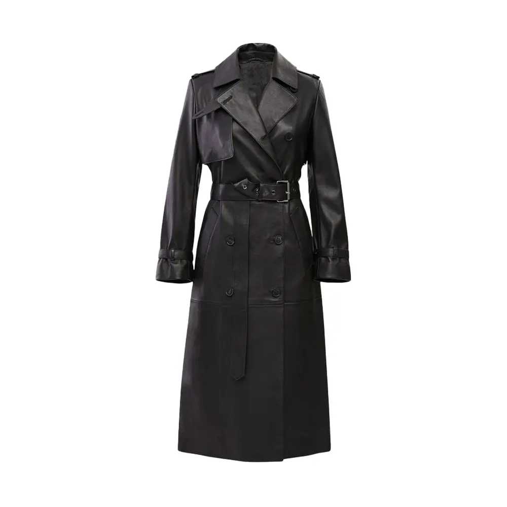 Women Black Belted Leather Long Coat product image from front