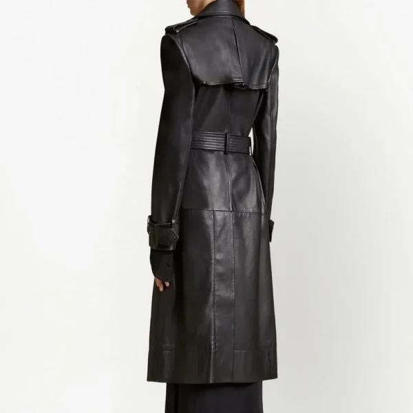 Women Black Belted Leather Trench Coat product image from back