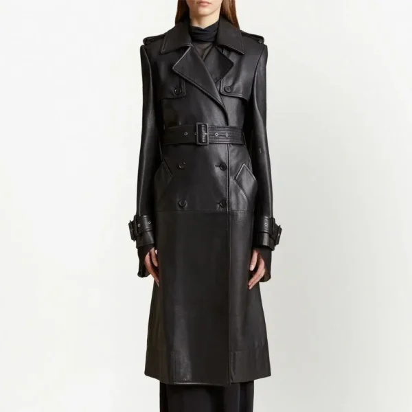 Women Black Belted Leather Trench Coat product image from front