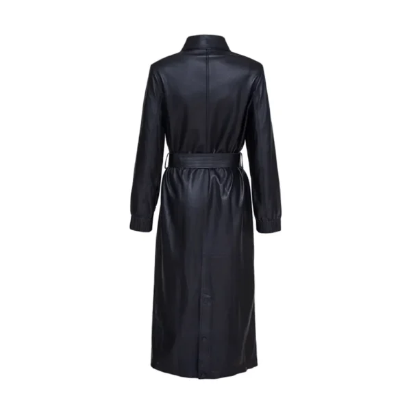 Women Black Belted Plain Leather Long Coat product image from back