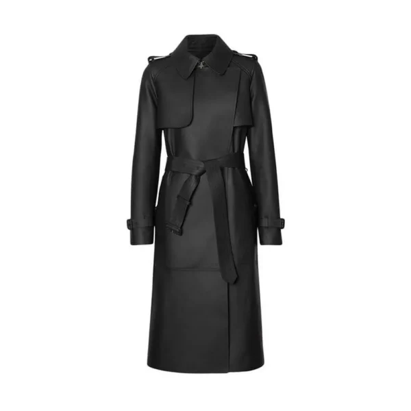 Women Black Belted Plain Leather Long Coat product image from front
