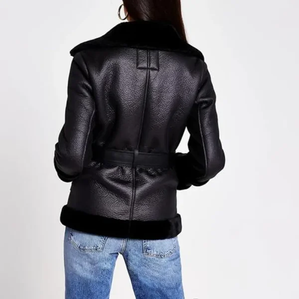 Women Black Belted Shearling Aviator Leather Jacket product image from back