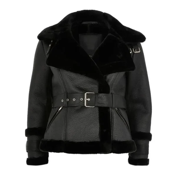 Women Black Belted Shearling Aviator Leather Jacket product image from front