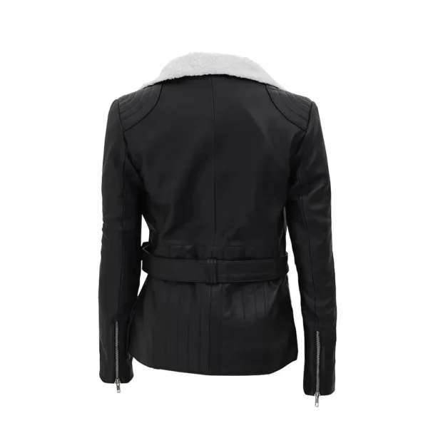 Women Black Belted Shearling Sheepskin Leather Jacket product image from back